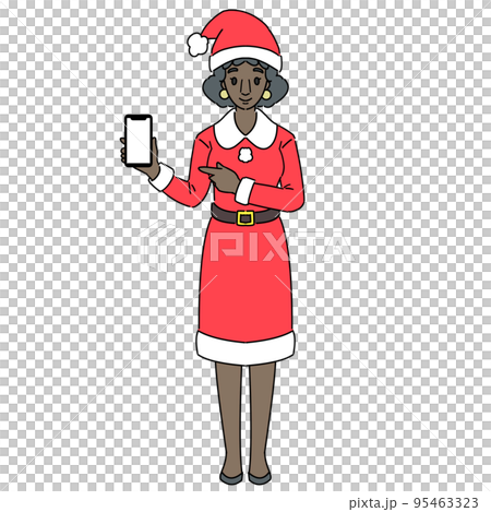 A black woman in a Santa costume operating a smartphone without a mask A black woman in a Santa costume operating a smartphone without a mask 95463323