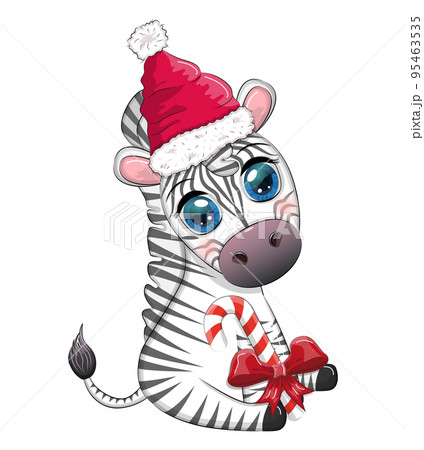 Cute zebra in santa hat with christmas ball, candy kane, gift. Wildlife holidays cartoon character. Cute zebra in santa hat with christmas ball, candy kane, gift. Wildlife holidays cartoon character. 95463535