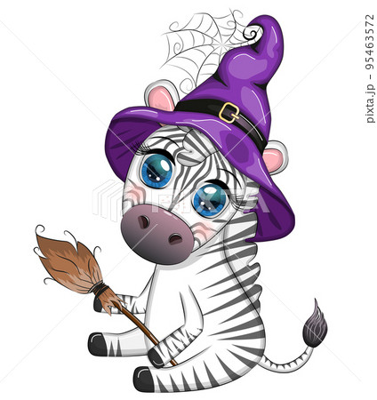 Cute zebra in witch hat, with broom, pumpkin jack, magic potion. Poster, card, label and decoration for Halloween 95463572