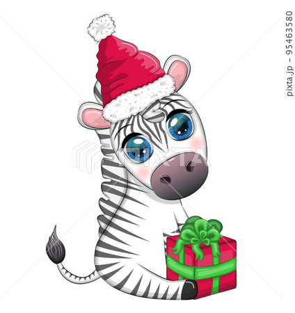 Cute zebra in santa hat with christmas ball, candy kane, gift. Wildlife holidays cartoon character. 95463580