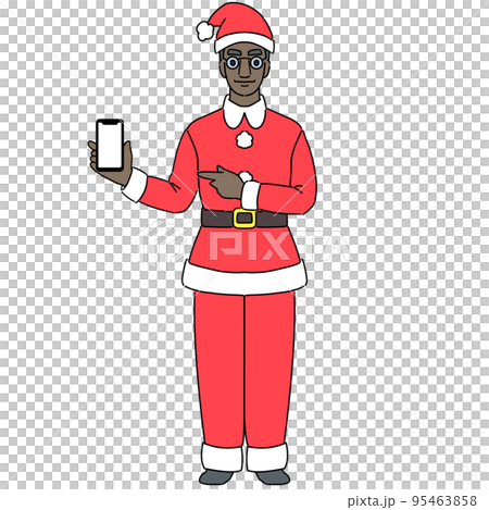一個穿著聖誕老人服裝的黑人在不戴面具的情況下操作智能手機 95463858