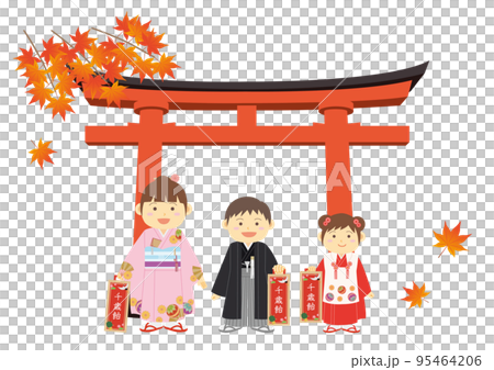 神社で七五三の衣装を着た子ども達 神社で七五三の衣装を着た子ども達 95464206