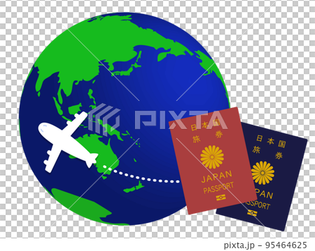 海外旅行のイメージイラスト　地球と日本のパスポートと飛行機 95464625