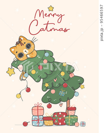 cute funny naughty orange ginger kitten cat hanging on Christmas decorated pine tree, merry catmas, cartoon animal character hand drawing doodle vector idea for greeting card cute funny naughty orange ginger kitten cat hanging on Christmas decorated pine tree, merry catmas, cartoon animal character hand drawing doodle vector idea for greeting card 95466597