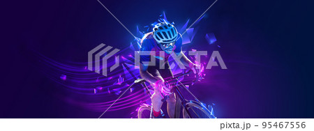 Creative artwork. Man, professional cyclist training, riding on blue background with polygonal and fluid neon elements. 95467556