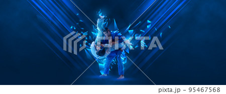 Creative artwork. Men, professional martial arts athletes training over dark blue background with polygonal and fluid neon elements. Creative artwork. Men, professional martial arts athletes training over dark blue background with polygonal and fluid neon elements. 95467568