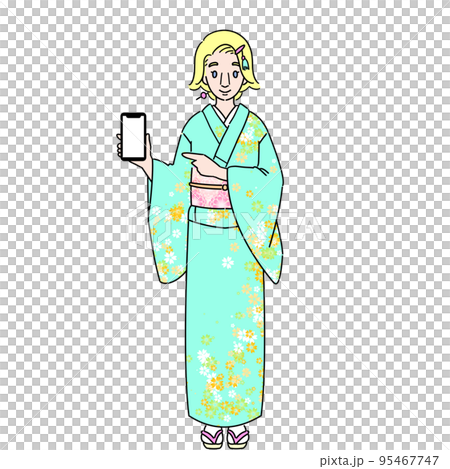 笑顔でスマホを操作する着物を着た金髪女性　インバウンドやお祭りのイラスト　マスクなし 95467747