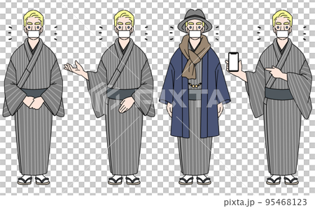 Set of blond men wearing kimonos Inbound and festival illustrations with masks Set of blond men wearing kimonos Inbound and festival illustrations with masks 95468123