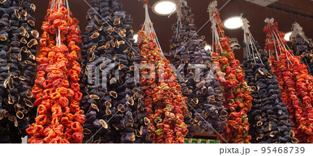 Traditional dried peppers and eggplants in the local market in Istanbul Traditional dried peppers and eggplants in the local market in Istanbul 95468739