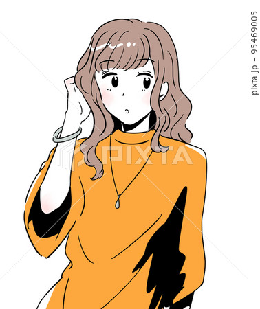 シンプルタッチ　Tシャツ姿のウェーブヘアーの女性　きょとん顔　ふちどり有り 95469005