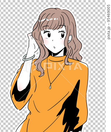 シンプルタッチ　Tシャツ姿のウェーブヘアーの女性　きょとん顔　ふちどり有り 95469005