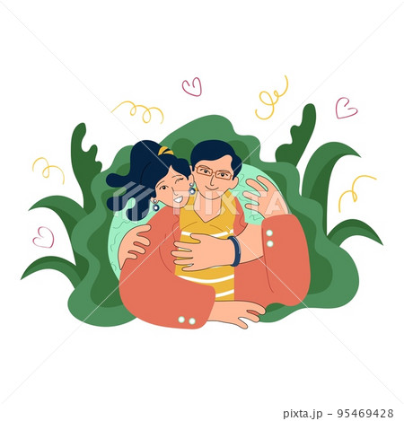 Happy young asian family hugging. Joyful girl with ponytail winking and hugging a guy in glasses. Woman and man together. Doodle style vector Happy young asian family hugging. Joyful girl with ponytail winking and hugging a guy in glasses. Woman and man together. Doodle style vector 95469428