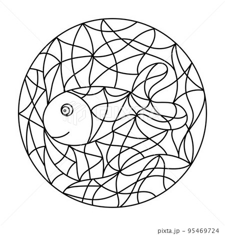 Black and white Illustration in stained glass style with abstract fish. Image for Coloring Book, Coloring Page, Print, Batik and Window. 95469724