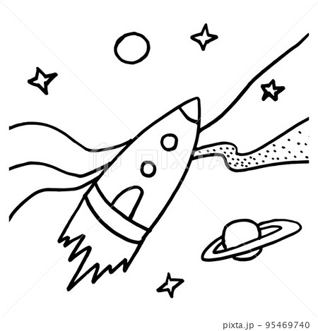 Black and white hand-drawing doodle sketch illustration of rocket on the milky way 95469740