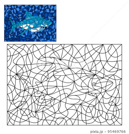 Black and White and Colored Illustration in Stained Glass Style with abstract Shark Fish. Image for Coloring Book and Coloring Page. 95469766