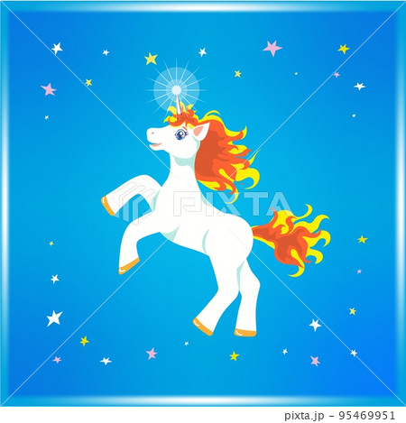 Joyful cartoonish white blue-eyed unicorn with yellow and orange mane and tail, jumping in colourful stars 95469951