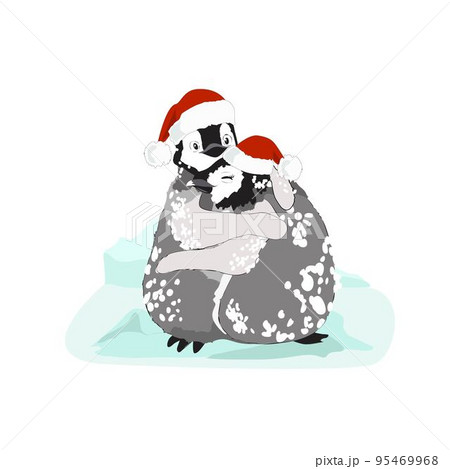 Cute happy couple of cartoonish emperor penguin chicks, boy and girl, wearing Christmas hats, hugging. For season greetings, commercial, etc 95469968