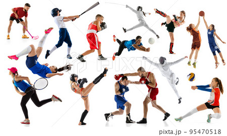Sport collage of professional athletes or players on white background, flyer. Concept of motion, action, power, target and achievements, healthy, active Sport collage of professional athletes or players on white background, flyer. Concept of motion, action, power, target and achievements, healthy, active 95470518