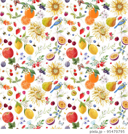Beautiful vector autotraced seamless summer pattern with watercolor flowers and lemon pear orange mango fruits. Stock illustration. 95470795
