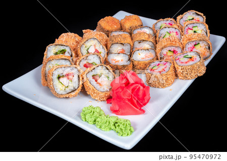 Japanese Cuisine - Sushi Roll with Shrimps and Conger, Avocado, Tobiko and Cheese. sushi rolls tempura,japanese food style ,Traditional Japanese cuisine, Crunchy Shrimp Tempura Roll 95470972