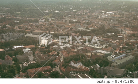 Cathedral square and old town streets in the centre of Vilnius, Lithuania. Aerial shot 95471380