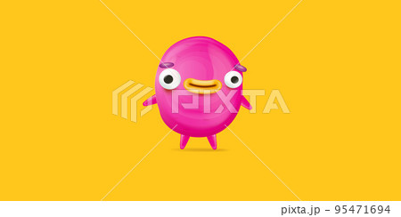 Vector cartoon funny pink alien monster isolated on orange background. Smiling silly pink monster print sticker design template. Cute Ghost, troll, gremlin, goblin, devil and halloween monster 95471694
