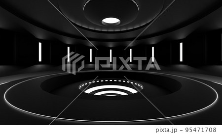 先端科学の研究所を思わせる未来的な空間。壁や天井に埋め込まれたクールな光のラインに照らされた床、ステ 95471708