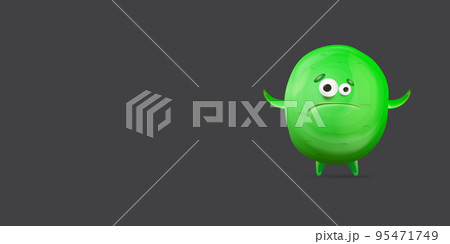 Vector cartoon funny green alien monster isolated on grey background. Sad silly green monster print sticker design template. Cute sad Ghost, troll, gremlin, goblin, devil and halloween monster Vector cartoon funny green alien monster isolated on grey background. Sad silly green monster print sticker design template. Cute sad Ghost, troll, gremlin, goblin, devil and halloween monster 95471749