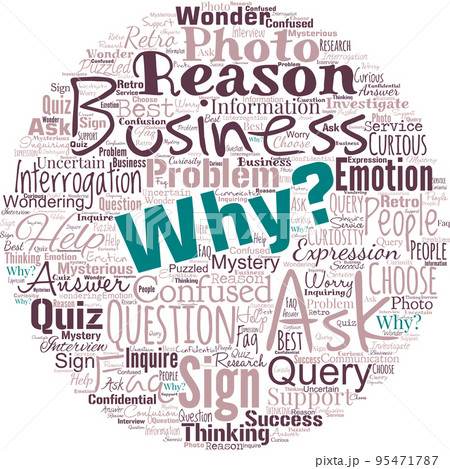 Big word cloud in the shape of circle with word why. Asking for what reason and purpose Expressing surprise Big word cloud in the shape of circle with word why. Asking for what reason and purpose Expressing surprise 95471787