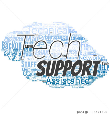 Word cloud in the shape of a UFO with tech support words. Help given by technician Online or Call Center Customer Service 95471790