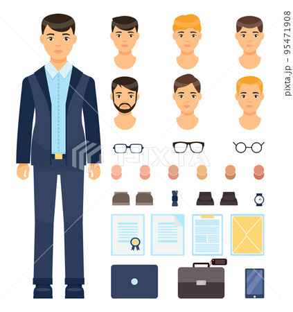 Set of businessman changeable elements, collection of haircuts, office accessories, shoes, suitcases 95471908