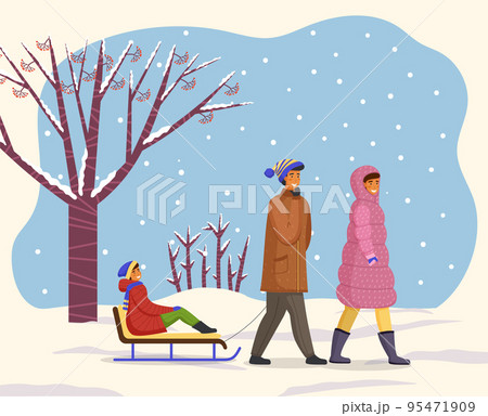 Family wearing warm winter clothes walking in winter park, father ride son on sledge at snow 95471909