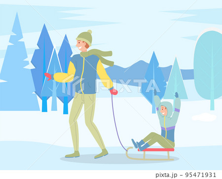 Family wearing warm winter clothes walking in snowy park, father ride son on sledge, leisure time 95471931