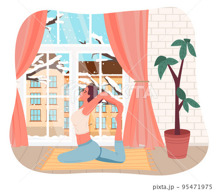 Young woman making yoga exercise at carpet on floor. Snowy winter outside window, sport at home Young woman making yoga exercise at carpet on floor. Snowy winter outside window, sport at home 95471975