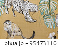 Textile wallcovering background with tropical leaves and exotic animals 95473110