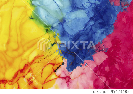 Abstract fluid art painting background in alcohol ink technique, mixture of pink, purple and yellow paints. Transparent overlayers of ink create lines and gradients. Burst of creativity. 95474105
