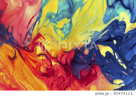 Abstract fluid art painting background in alcohol ink technique, mixture of pink, purple and yellow paints. Transparent overlayers of ink create lines and gradients. Burst of creativity. 95474123