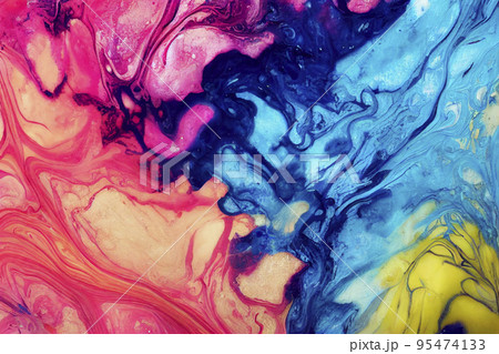 Abstract fluid art painting background in alcohol ink technique, mixture of pink, purple and yellow paints. Transparent overlayers of ink create lines and gradients. Burst of creativity. 95474133