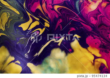 Natural luxury abstract fluid art painting in alcohol ink technique. Tender and dreamy wallpaper. Mixture of colors creating transparent waves and golden swirls. For posters, other printed materials. 95474134