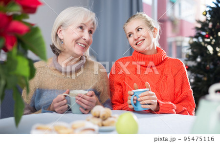 Two women drink tea and eat cakes near the New Year tree. 95475116