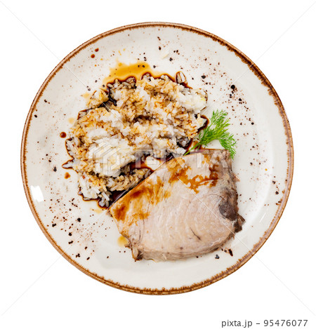 Baked tuna steak with unagi sauce served with white rice 95476077