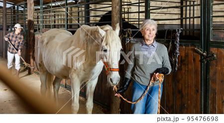 Mature woman jockey leading her white corse out of stable Mature woman jockey leading her white corse out of stable 95476698