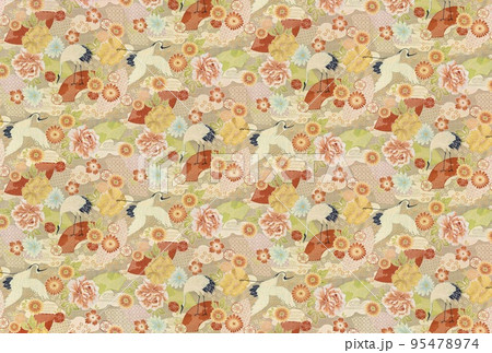 [素材] 幾何学模様と花に囲まれた鶴の和風パターンのレトロ背景。 95478974