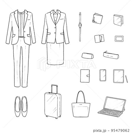レディースビジネススーツと小物の手描きペン画セット　 95479062