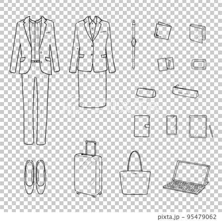 Hand-drawn pen drawing set of ladies' business suits and accessories 95479062