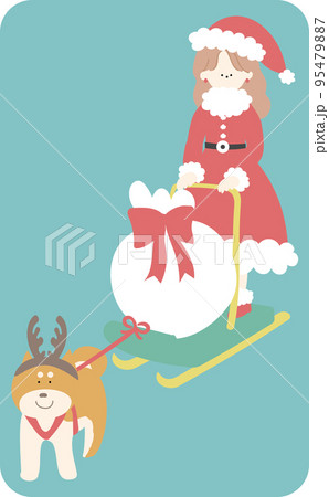 犬ぞりに乗ったサンタの衣装を着た女の子線なし 95479887