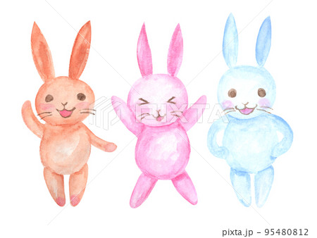 楽しそうな表情の3匹の水彩のうさぎ 95480812