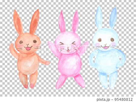 楽しそうな表情の3匹の水彩のうさぎ 95480812