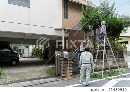 伐採作業をしている家の外観 95480919