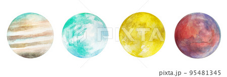 透明水彩で描いた木星、地球、月、火星のイラスト　挿絵　背景イラスト　惑星 95481345